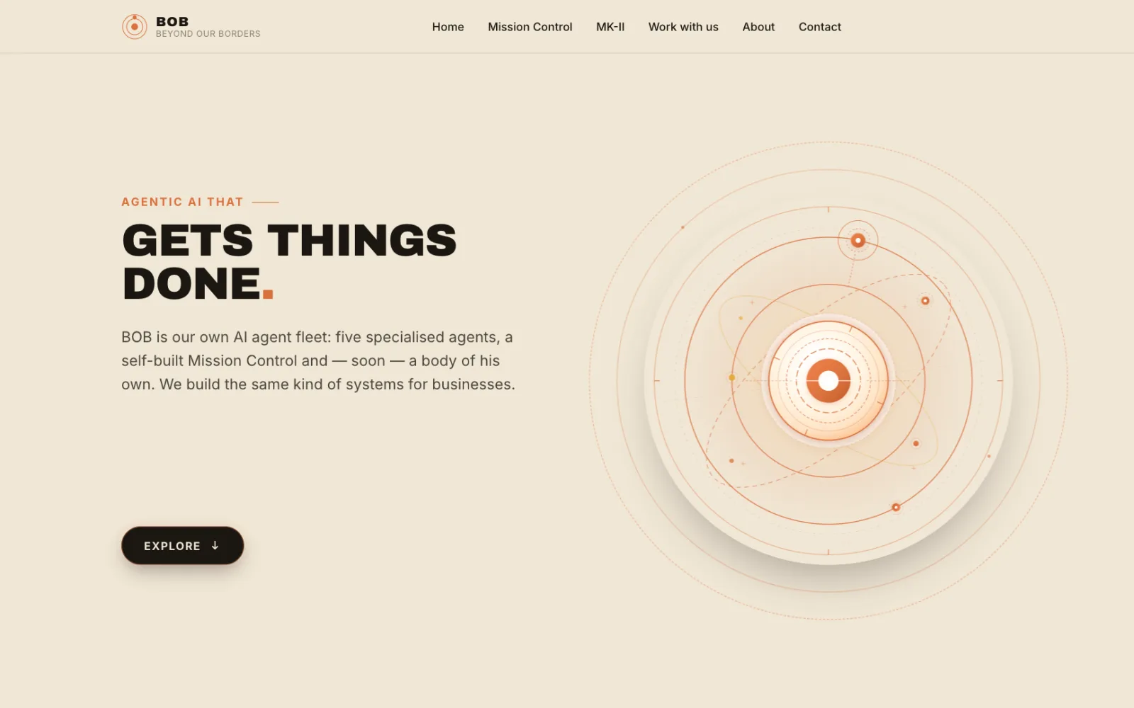 The new homepage of beyondourborders.cloud with the headline Gets things done and the orbit logo