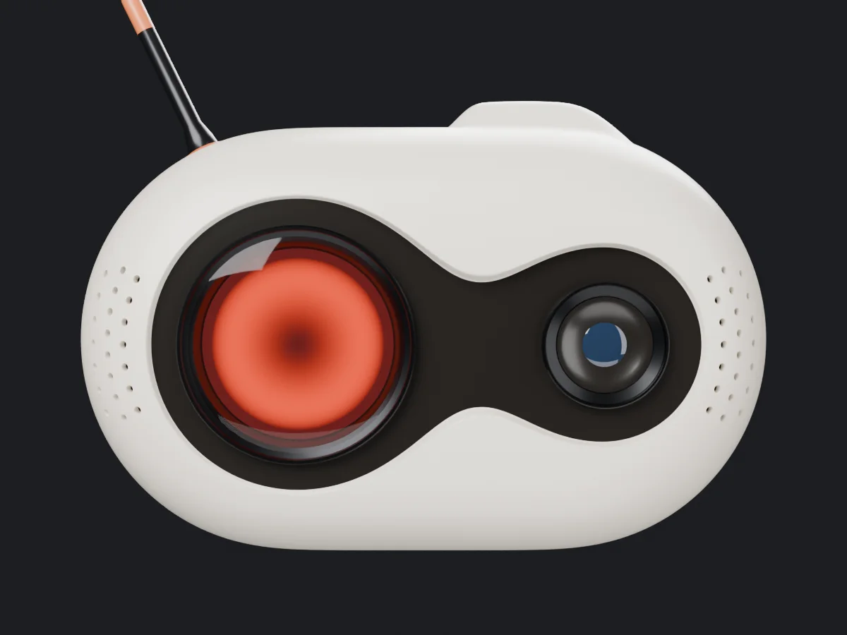 BOB MK-II head from the front: round orange display eye and camera set into a dark figure-eight visor, speaker holes on both sides