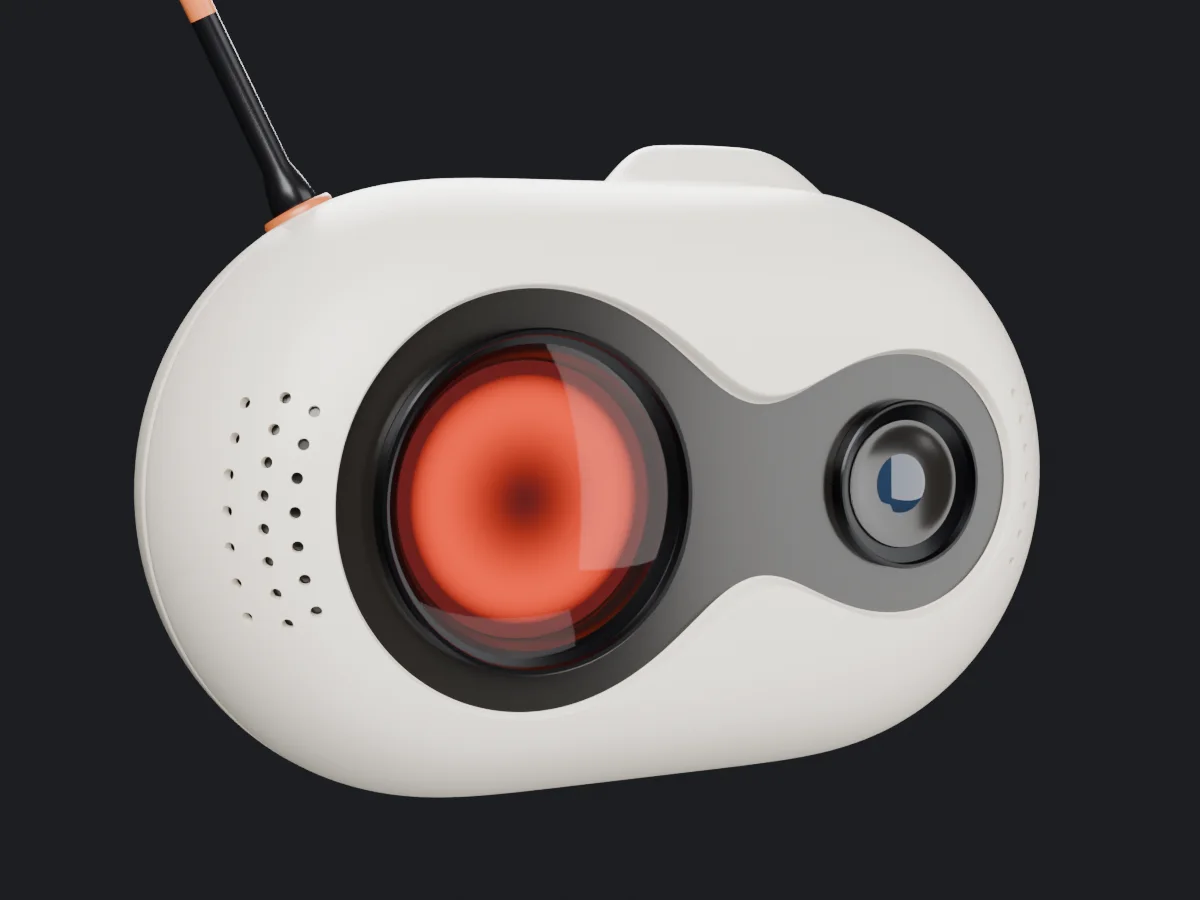 Render of the BOB MK-II head: a white rounded shell with a glowing orange eye and a camera lens