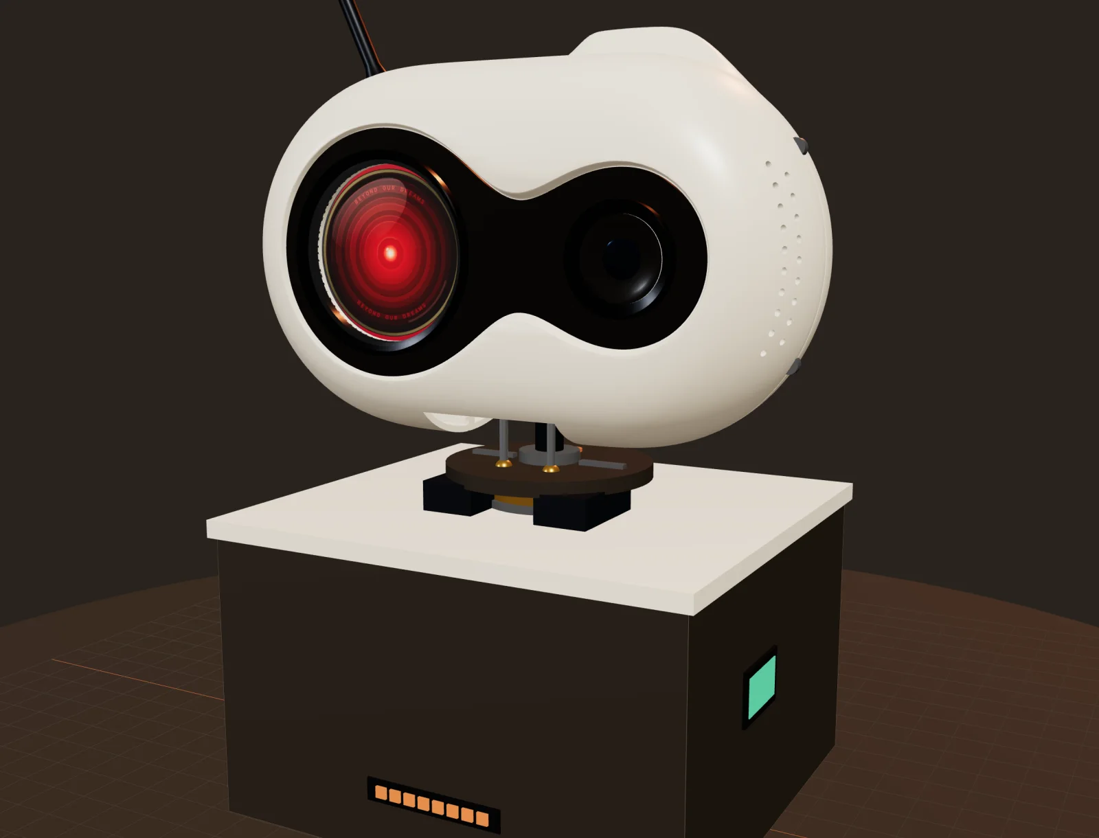 3D model of BOB MK-II: a white rounded head with a glowing red eye and a camera lens, on a neck above a wooden base