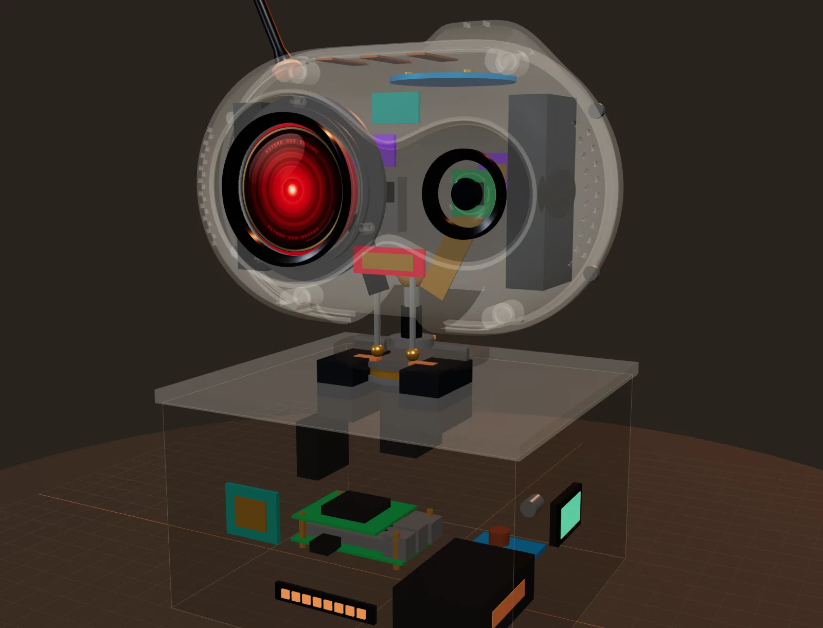Semi-transparent 3D model of BOB MK-II showing the eye display, camera, speakers, sensors, neck servos and the computer in the base