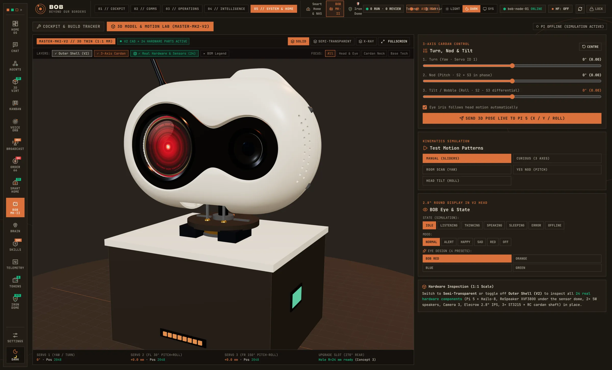 BOB MK-II motion lab: a 1:1 3D model of the robot head on its base, with sliders for turn, nod and tilt and controls for the eye's states