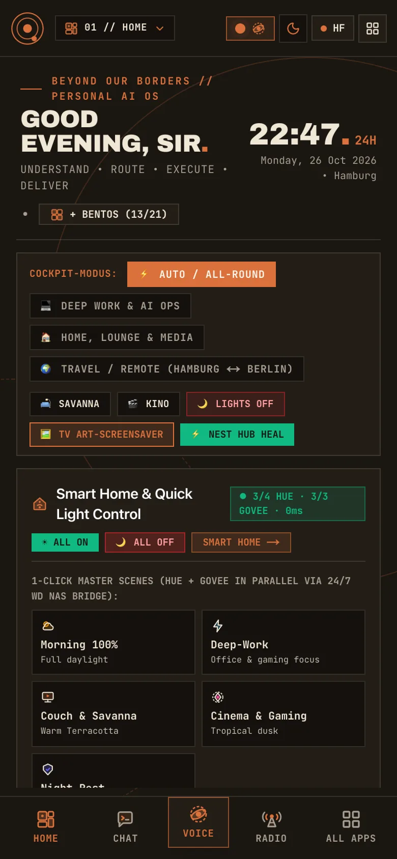 Phone web app with voice core and bottom dock navigation