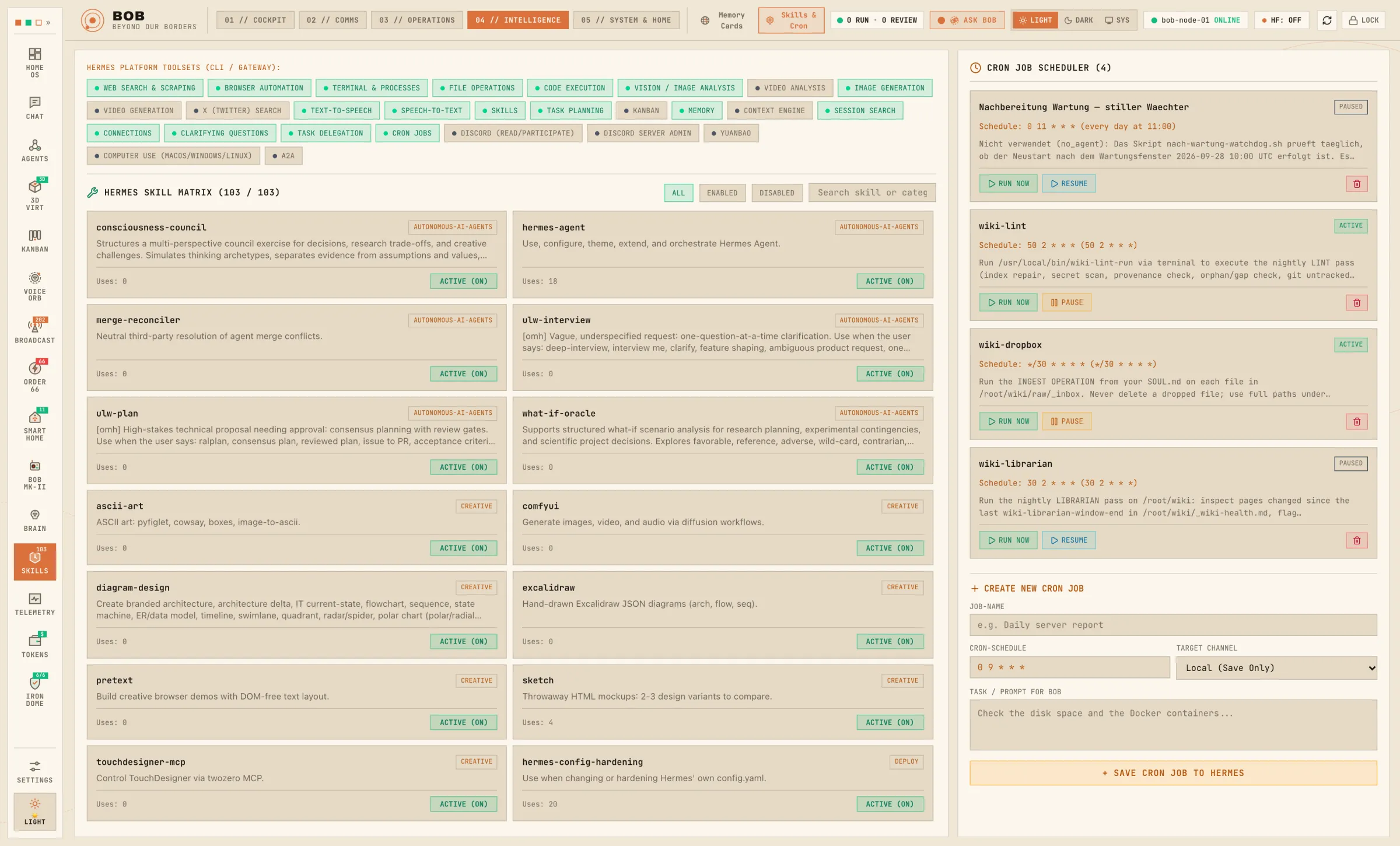 Skill matrix with 103 active skills, platform toolsets and a cron job scheduler