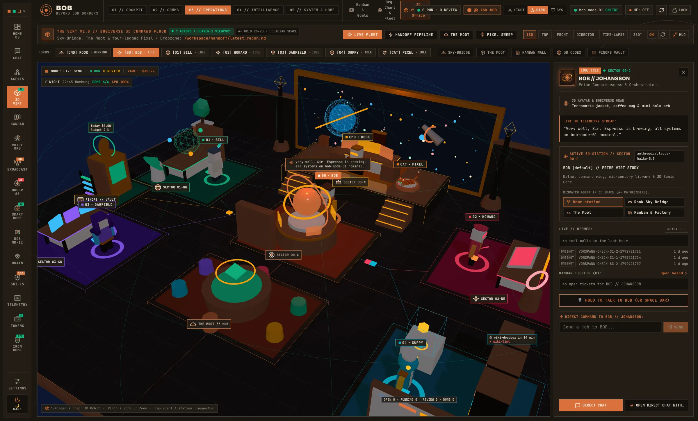 BOB Mission Control: a 3D command floor where animated AI agents work at their stations, with a live inspector panel